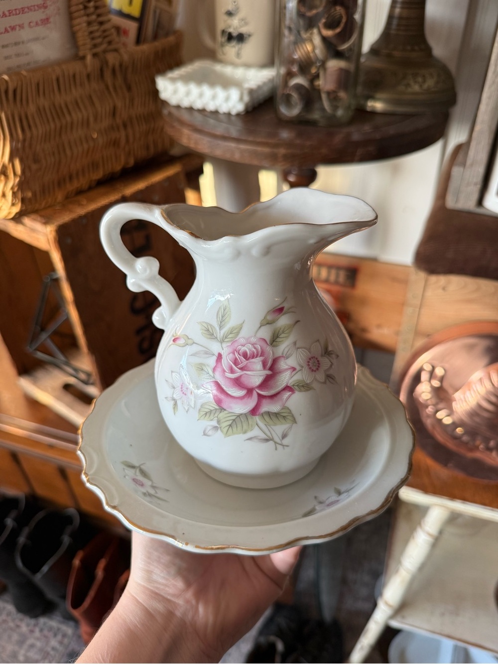White Porcelain Pitcher and Saucer with Pink Rose